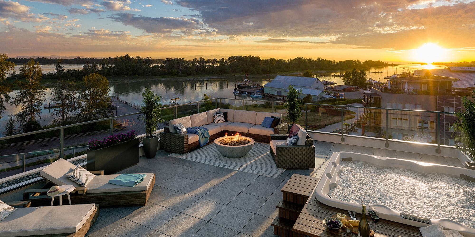 The Shore Steveston balcony with hot tub at sunset