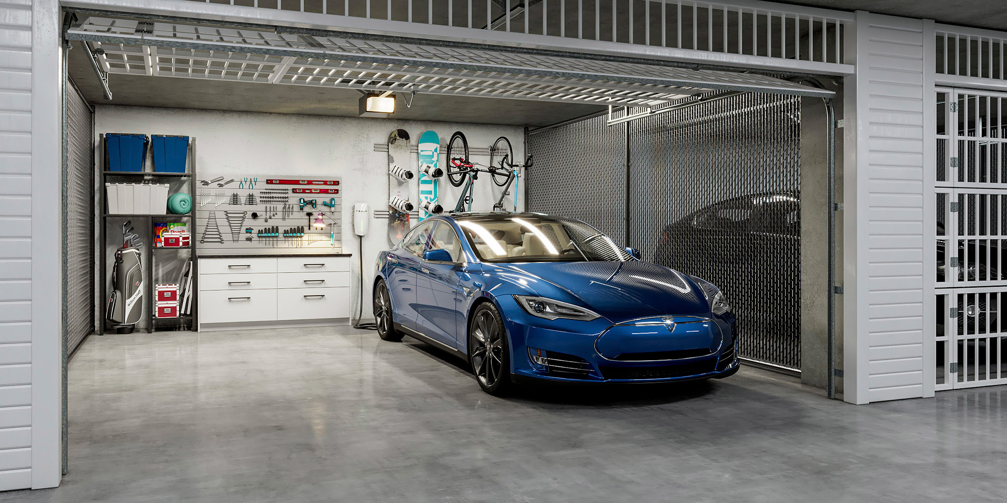 Blue Tesla in garage