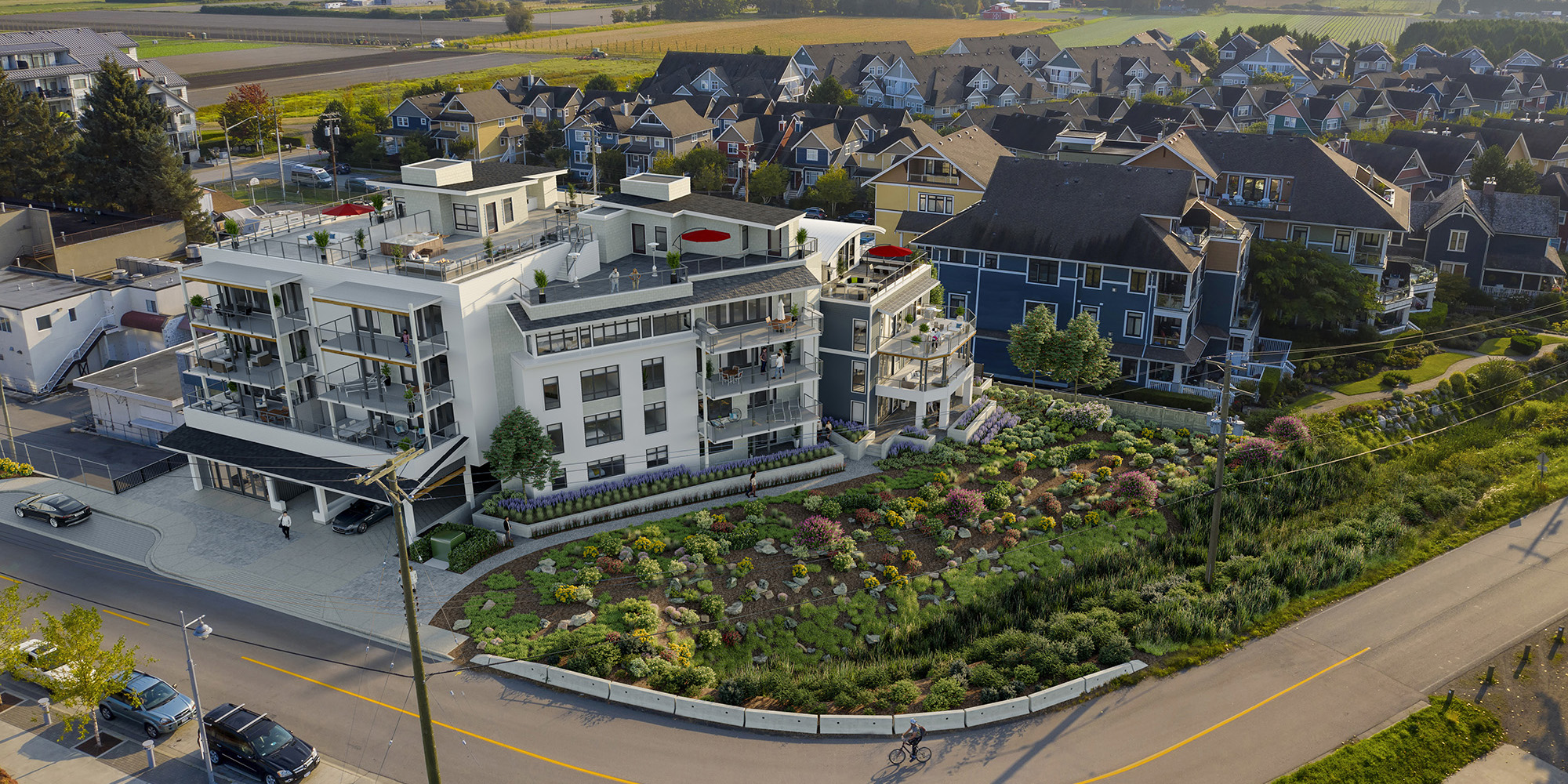 Arial shot of The Shore, Steveston in the late afternoon